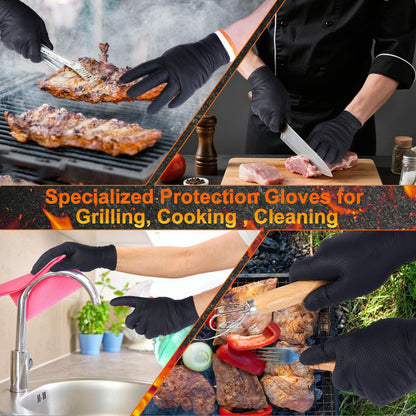 ANBOSON BBQ Gloves for Grilling Disposable Heat Resistant - 100 Nitrile Gloves + 4 Reusable Cotton Liners for Barbecue Smoker, Cooking Hot Meat - 10Mil Thick, Non-Slip Grip - Black Large