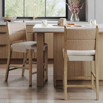 Nathan James Cove Seagrass Counter Stool Wood Upholstered Bar Stool with Natural Flax Cushion and Seagrass Backrest, Light Brown