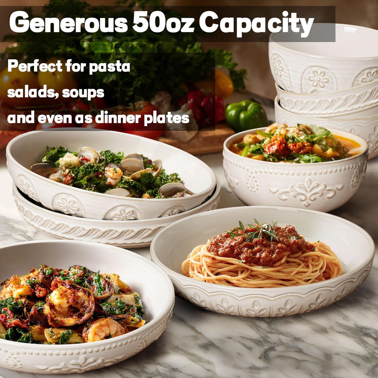 Artena Pasta Bowls, 50oz Large Salad Serving Bowls, 9.75'' Plates Bowls Set of 4, Big White Ceramic Soup Bowls for Kitchen, Embossment Shallow Dinner Bowl, Microwave Dishwasher Safe, Multiple Patterns