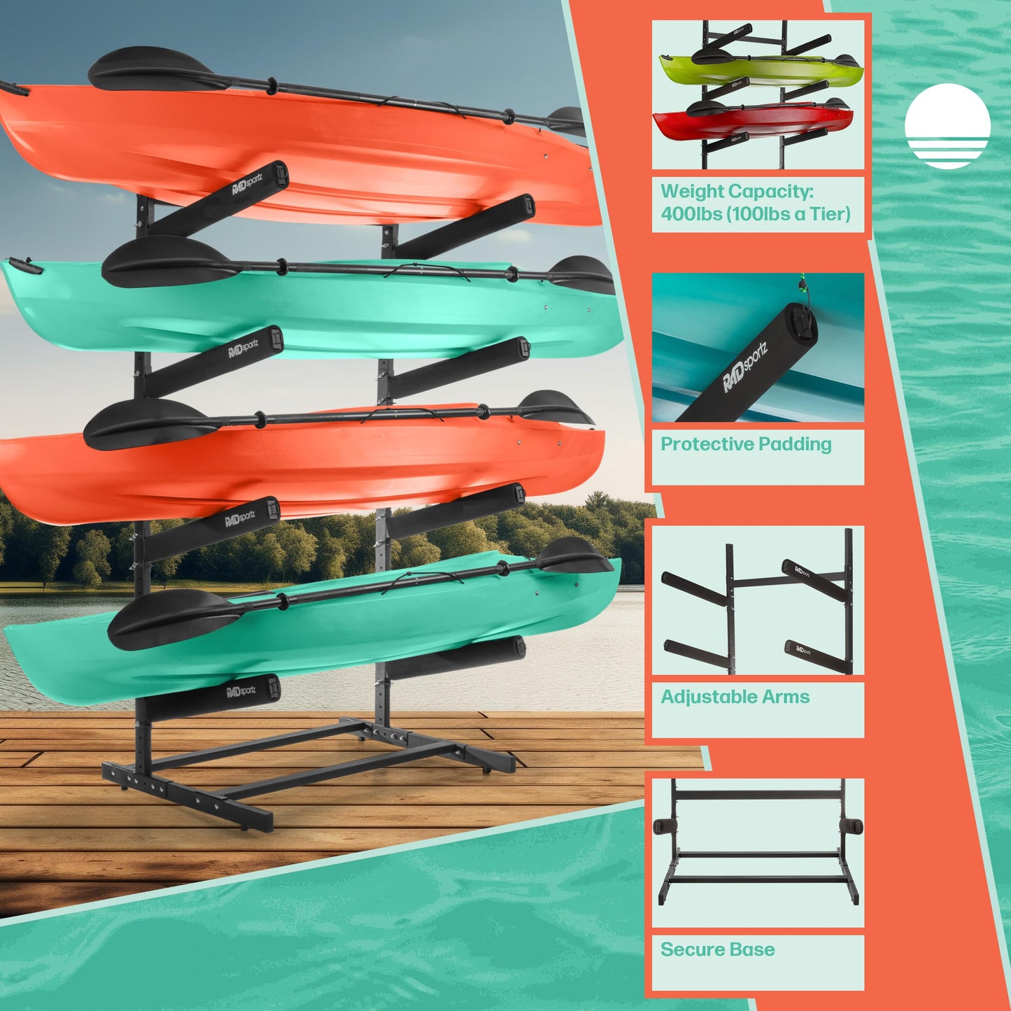 RAD Sportz Kayak Storage Rack - 4-Level Freestanding Adjustable Stand with Padded Arms and 400lb Capacity for Canoes, SUP, or Paddleboards (Black)