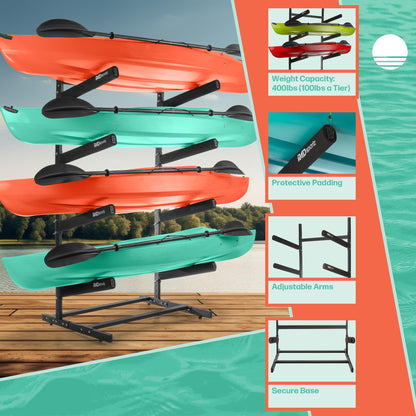 RAD Sportz Kayak Storage Rack - 4-Level Freestanding Adjustable Stand with Padded Arms and 400lb Capacity for Canoes, SUP, or Paddleboards (Black)