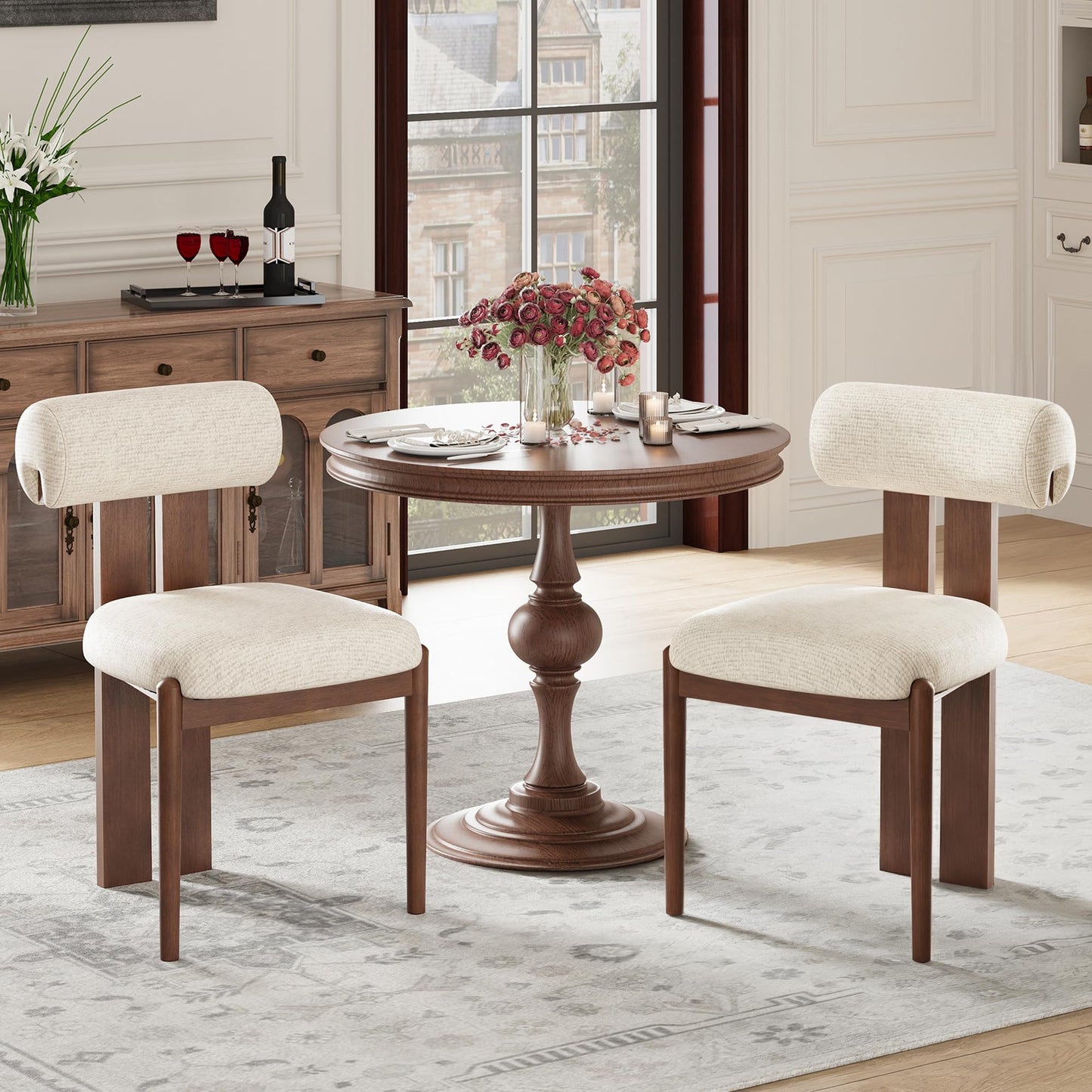 MALOL Modern Wooden Dining Chairs Set of 4, Upholstered Fabric Kitchen Chairs with Sculptural Backrest, Mid-Century Farmhouse Dining Room Chairs with Solid Wood Legs, Beige