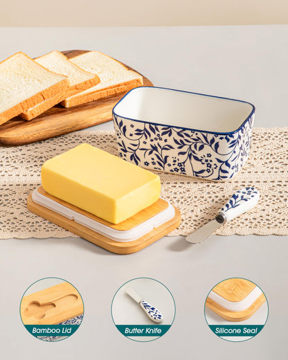 vancasso SELENE Butter Dish with Lid, 6.5" Large Butter Dish for Countertop, Ceramic Butter Keeper Container with Knife and Bamboo Lid, Delicate Floral Pattern
