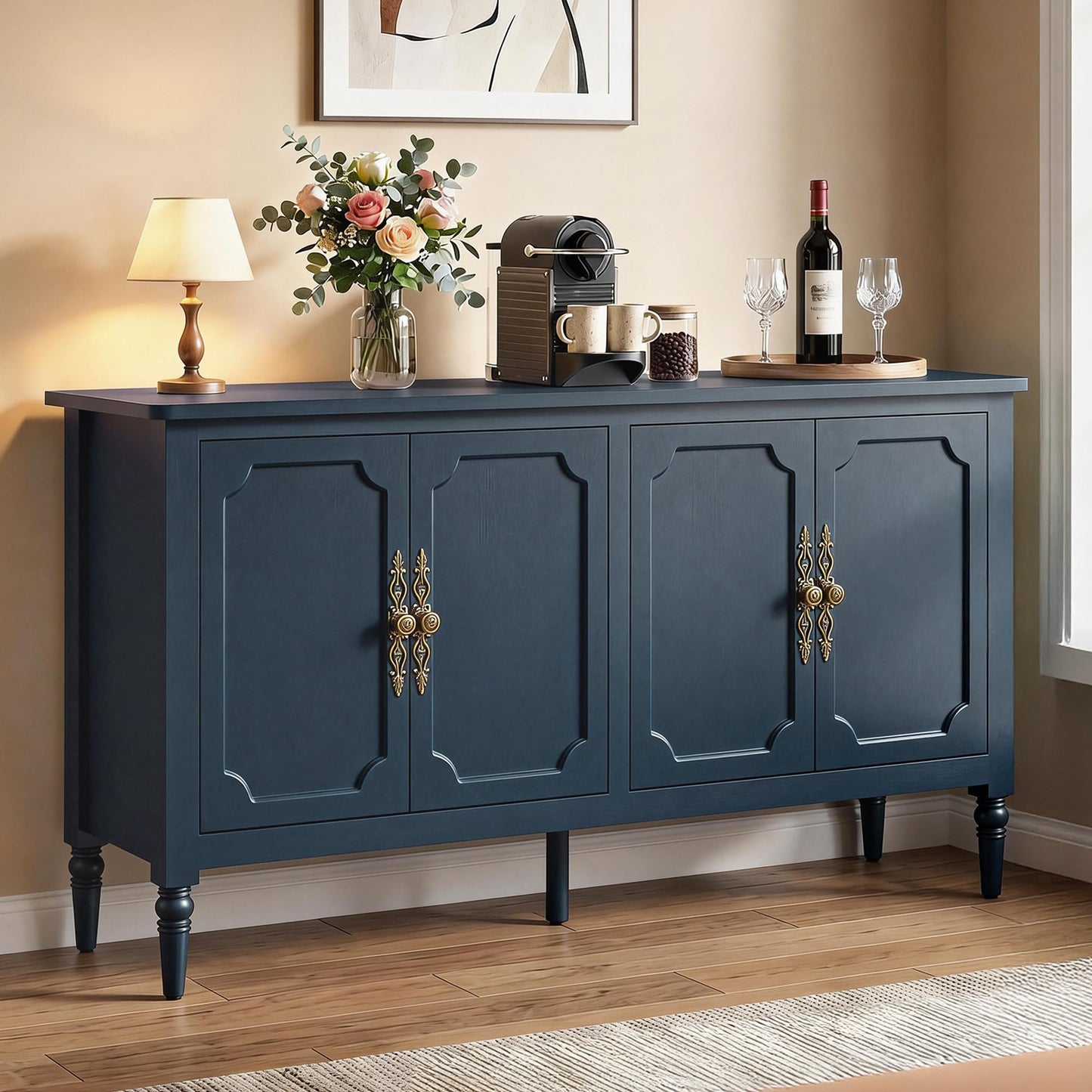 RoyalCraft Buffet Cabinet with Storage, Vintage Sideboard with Adjustable Shelves, Mid Century Modern Painted Credenza Coffee Bar for Kitchen, Dining Room, Entryway, Blue