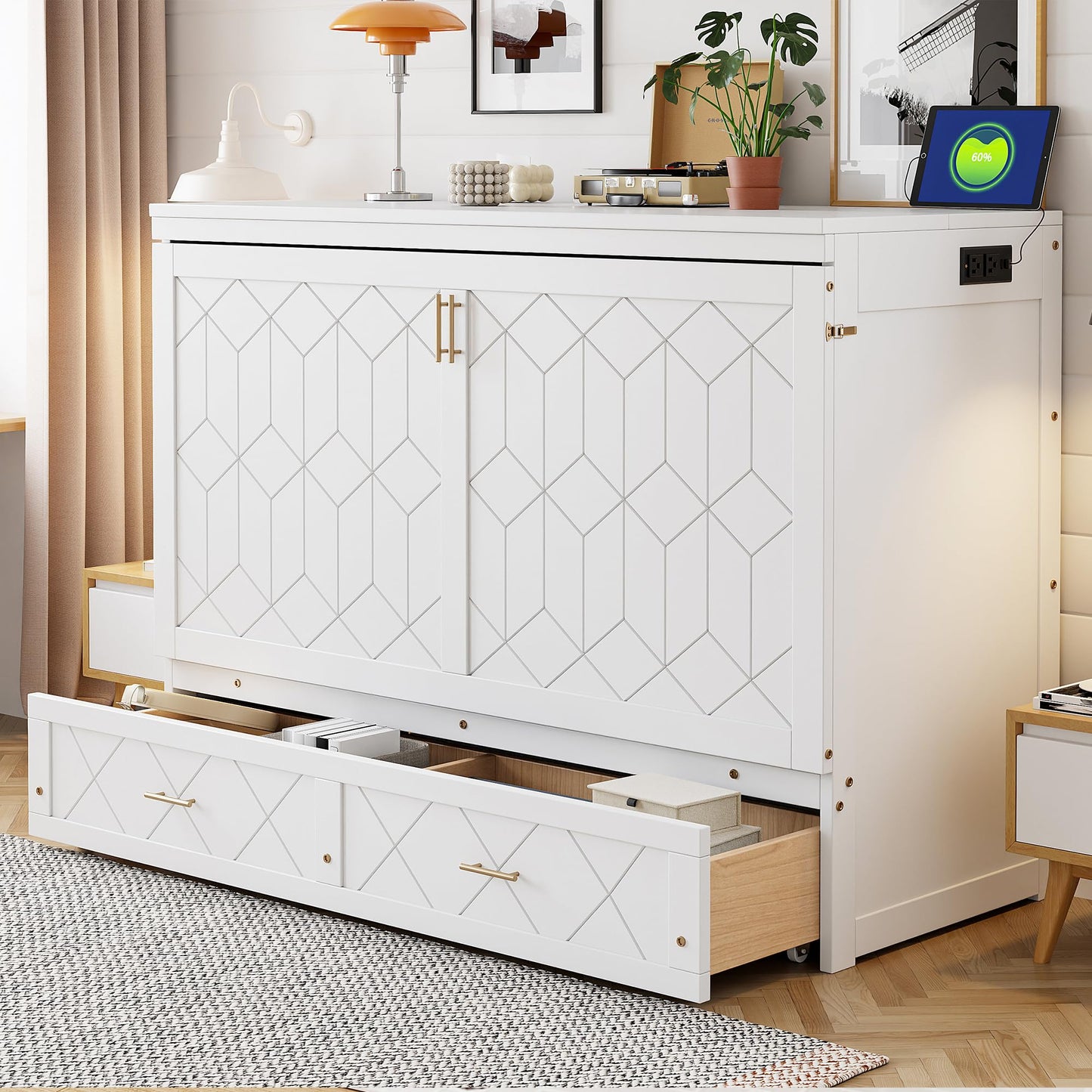 Merax Queen Size Murphy Cabinet Bed with Storage Drawers, Wall Murphy Bed with a Set of Sockets & USB Ports, Folding Platform Bed for Small Room