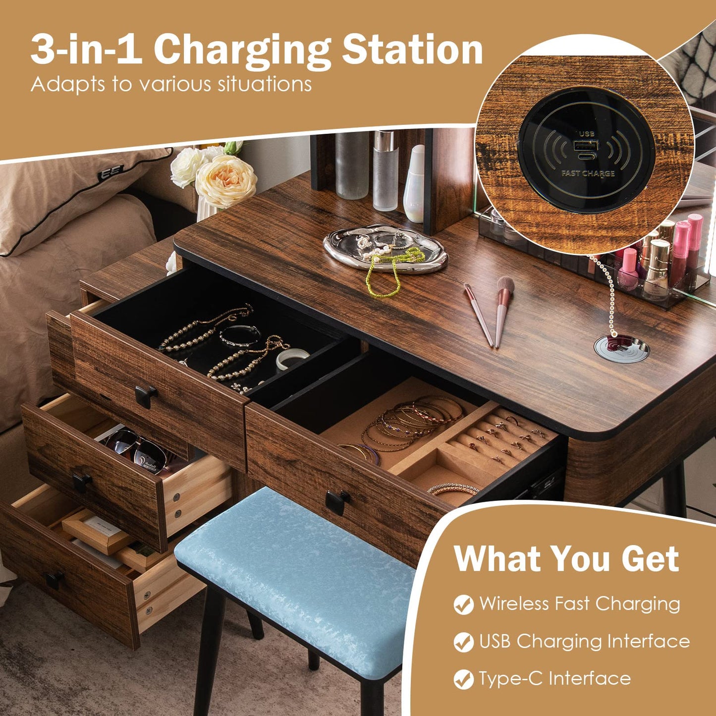 CHARMAID Makeup Vanity Table with Large Lighted Mirror, 3 Lighting Sets, Human Body Induction, Side Cabinet, 2 Drawers, Storage Shelves, Cosmetic Tray, Dressing Vanity Desk with Stool