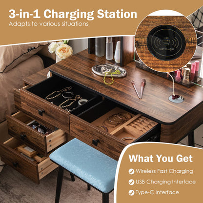 CHARMAID Makeup Vanity Table with Large Lighted Mirror, 3 Lighting Sets, Human Body Induction, Side Cabinet, 2 Drawers, Storage Shelves, Cosmetic Tray, Dressing Vanity Desk with Stool