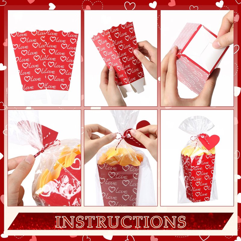 Gueevin 144 Pcs 48 Set Valentine's Day Popcorn Boxes Valentines Party Favor, Valentines Popcorn Boxes Red Pink Heart Cookie Gift Bucket with Bags, Ribbon and Card for Valentine Galentine Home Movie
