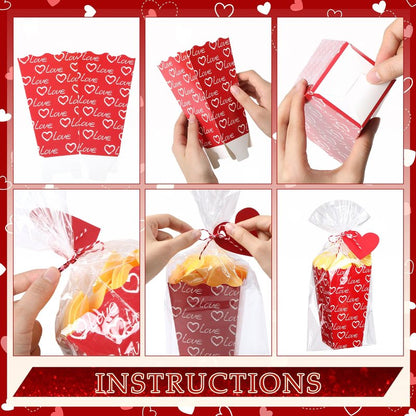 Gueevin 144 Pcs 48 Set Valentine's Day Popcorn Boxes Valentines Party Favor, Valentines Popcorn Boxes Red Pink Heart Cookie Gift Bucket with Bags, Ribbon and Card for Valentine Galentine Home Movie
