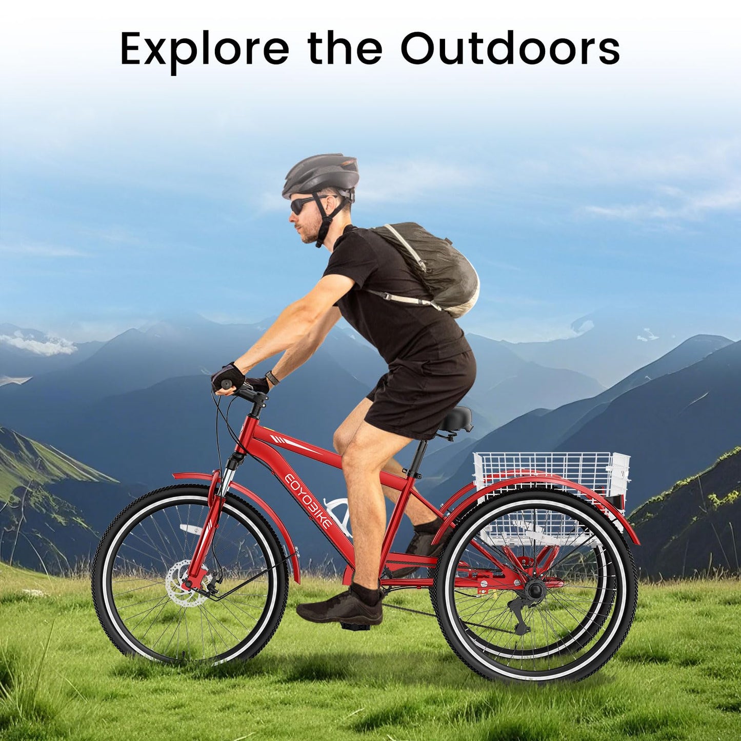 EOYOBIKE 7-Speed Adult Mountain Tricycle, 24/26/27.5 Inch 3-Wheel Bike for Seniors, Men's and Women's Trike with Large Rear Basket for Exercise & Shopping