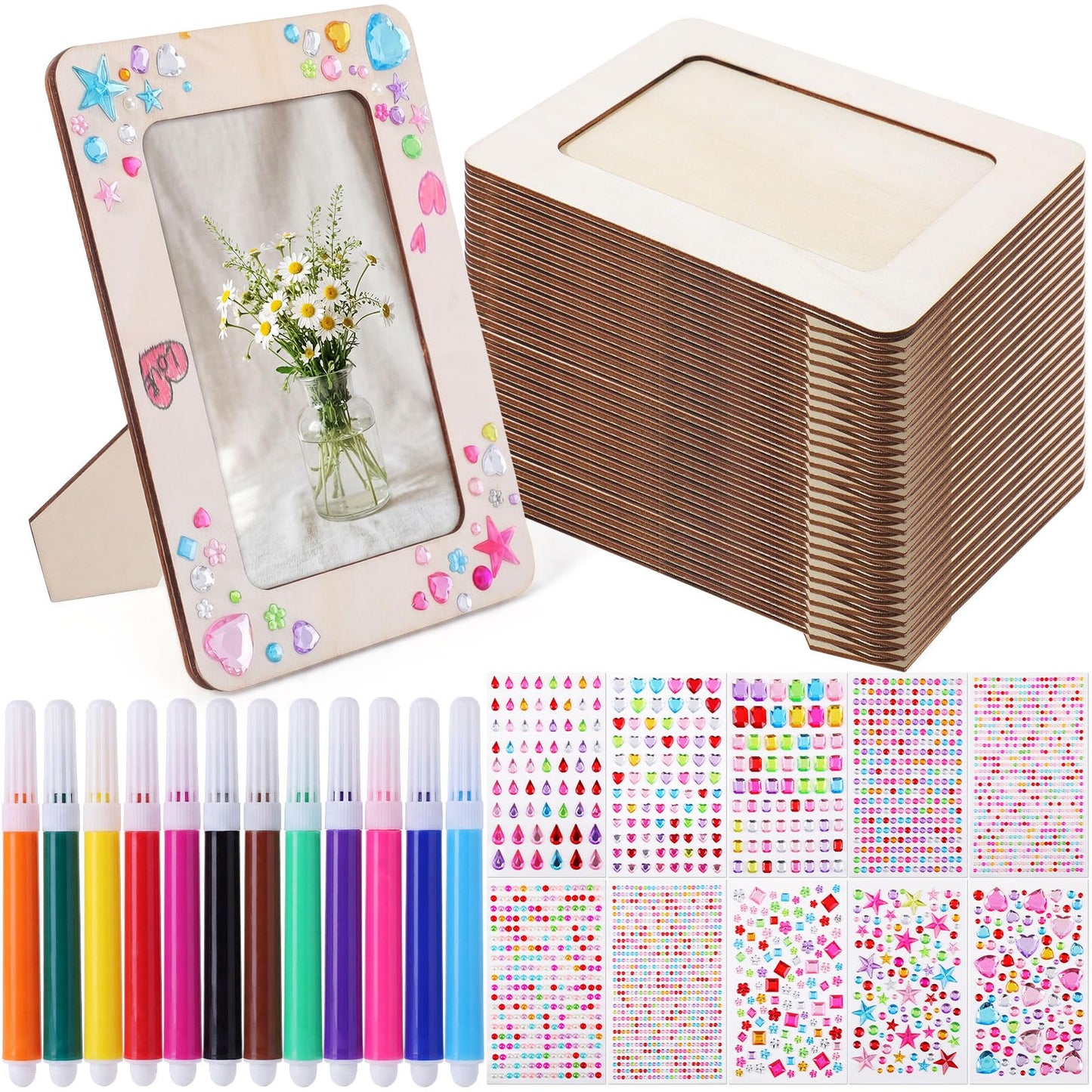 Yousoontic 30 Pack Picture Frame Painting Craft Kit for 4 x 6 Inch Photo DIY Unfinished Wooden Picture Frames with 30 Pcs Color Pens and 10 Sheets Crystal Diamond Stickers for DIY Craft