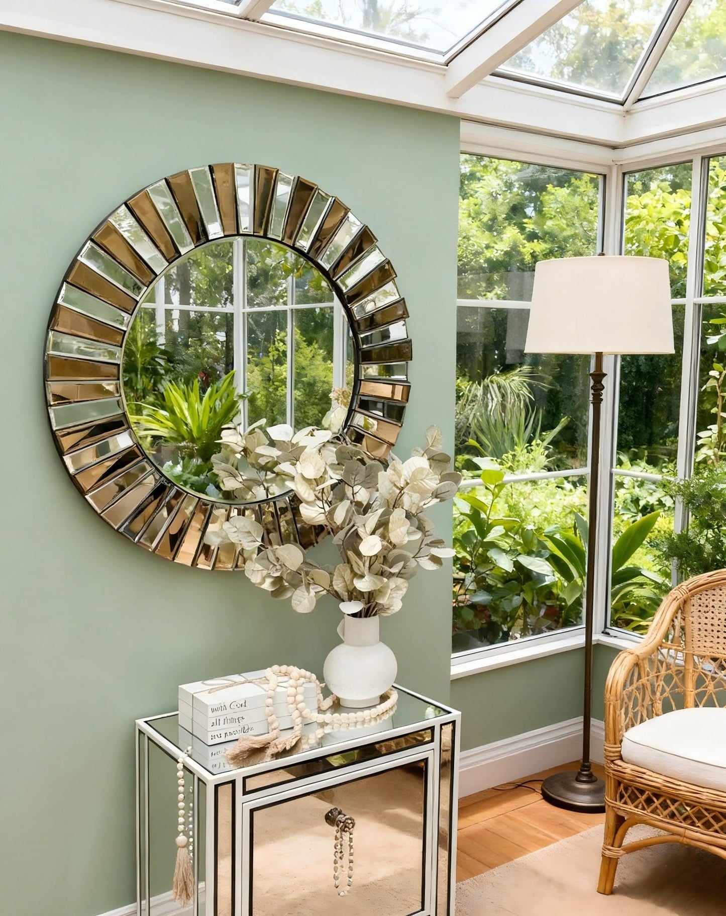 Artloge Round Wall Mirror Decorative Sunburst Silver-Brown Crystal Edge 32 inch