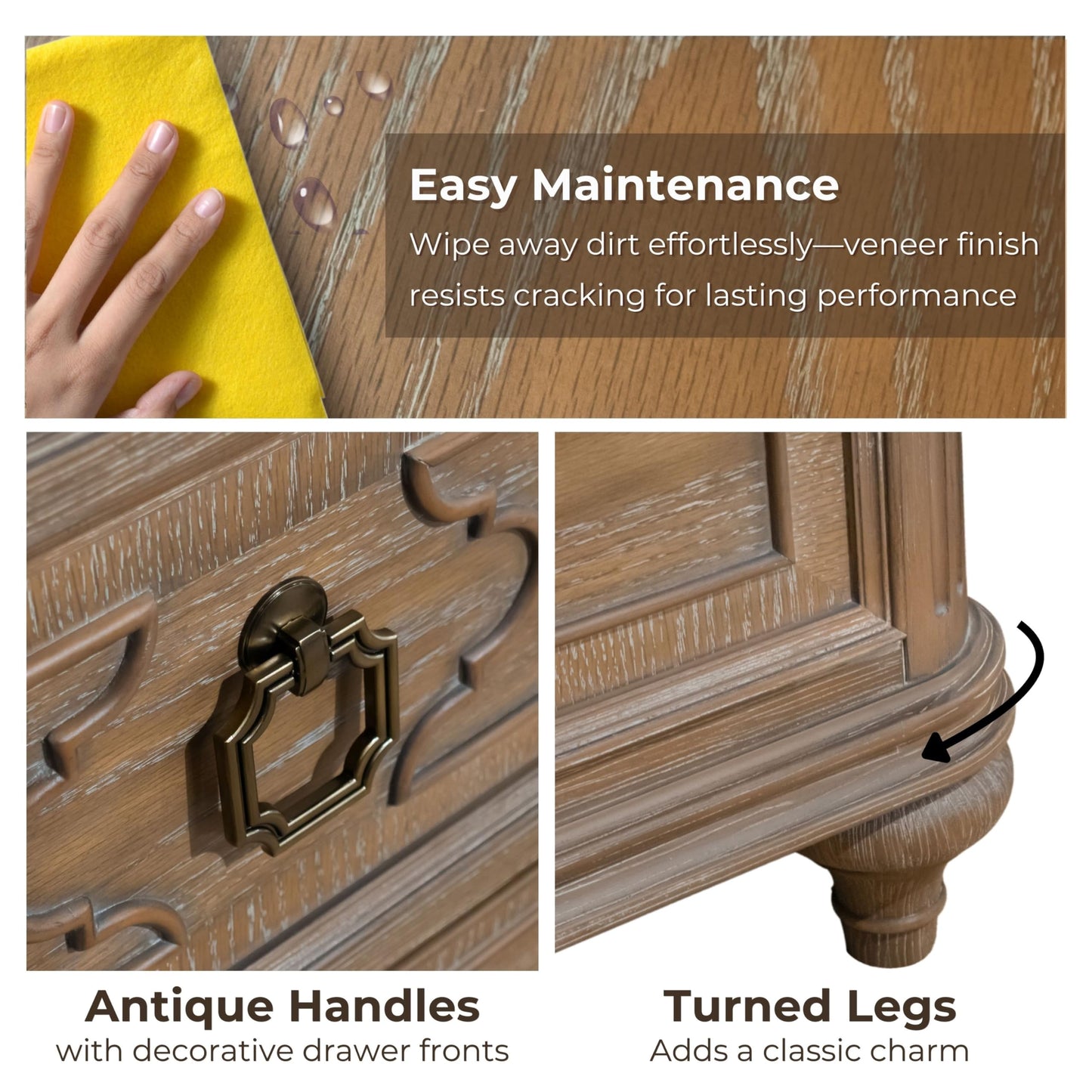 Furniture of America Weile Art Deco Solid Wood 29-inch Nightstand, Bedside Table with USB Ports, Antique Handles and Turn Legs, Wooden Night Stand for Bedroom, Guest Room, Dorm, Rustic Oak