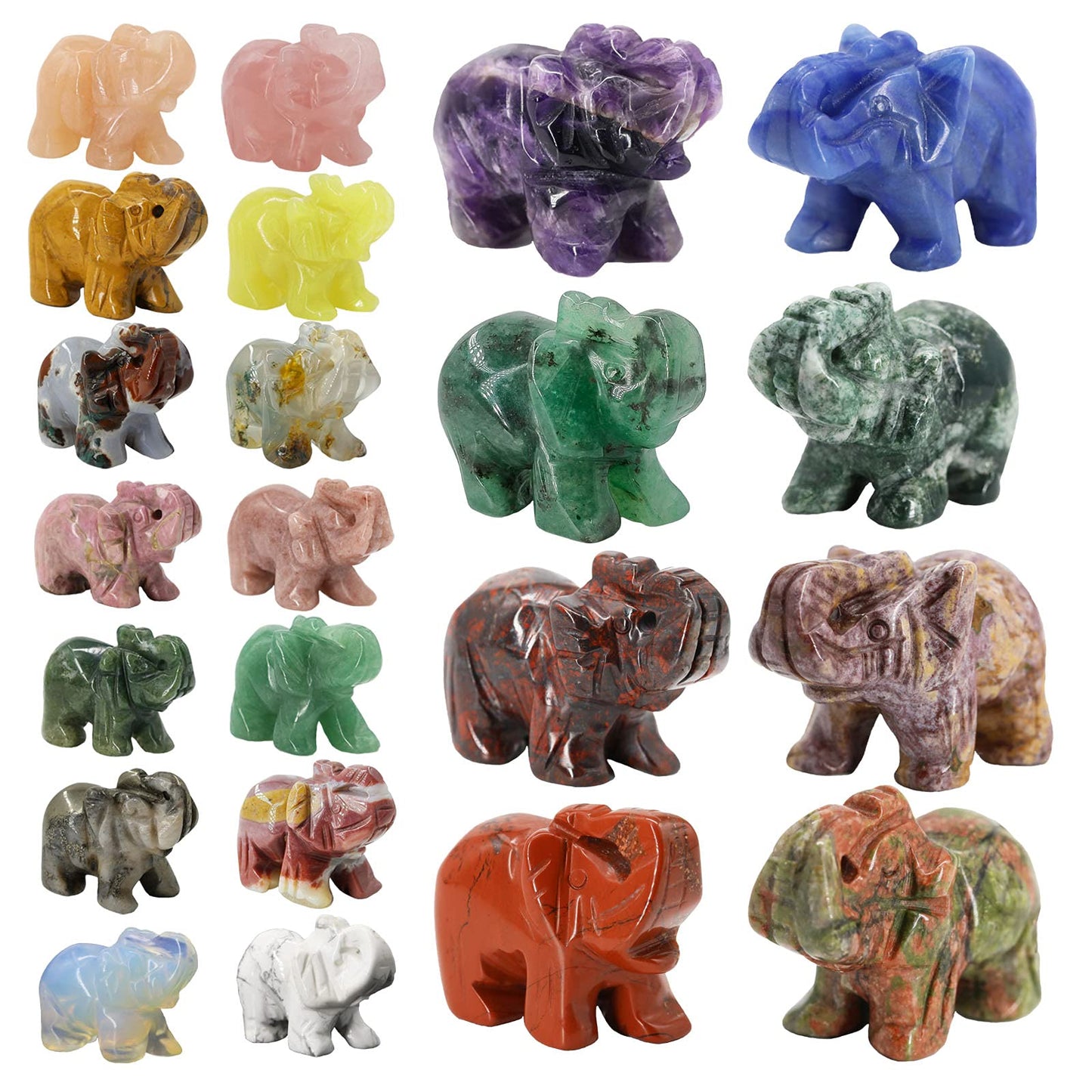 Wemeki Gemstone Elephant Figurines Mix 6PCS, Hand Carved Elephant Statue Healing Crystal Guardian Stones Figurines Statues Reiki Animal Stone for Home Decorations 1.5''