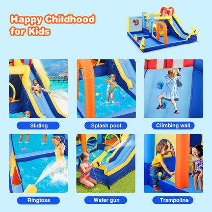 JOYLDIAS Inflatable Water Slide,Water Park Bounce House,Slide Bouncer Castle Playhouse w/Splash Pool, Climbing Wall, Trampoline，Felt Ball Target, Ring Toss Game for Kids Outdoor Fun, 550W Air Blower