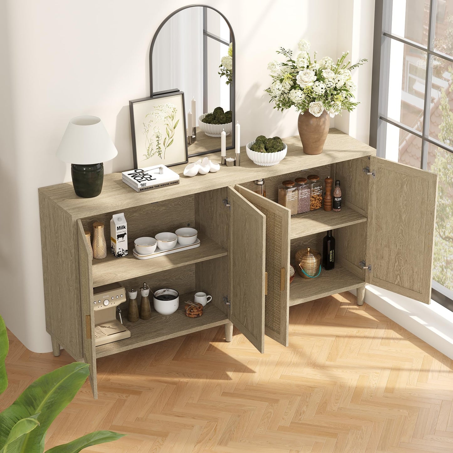 GDFStudio 70.08" Modern 4-Door Sideboard Buffet Cabinet, Rattan MDF Credenza Storage Cabinet with Adjustable Shelves, Bohe Console Table with Solid Wood Legs for Living Room Kitchen Hallway, Natural