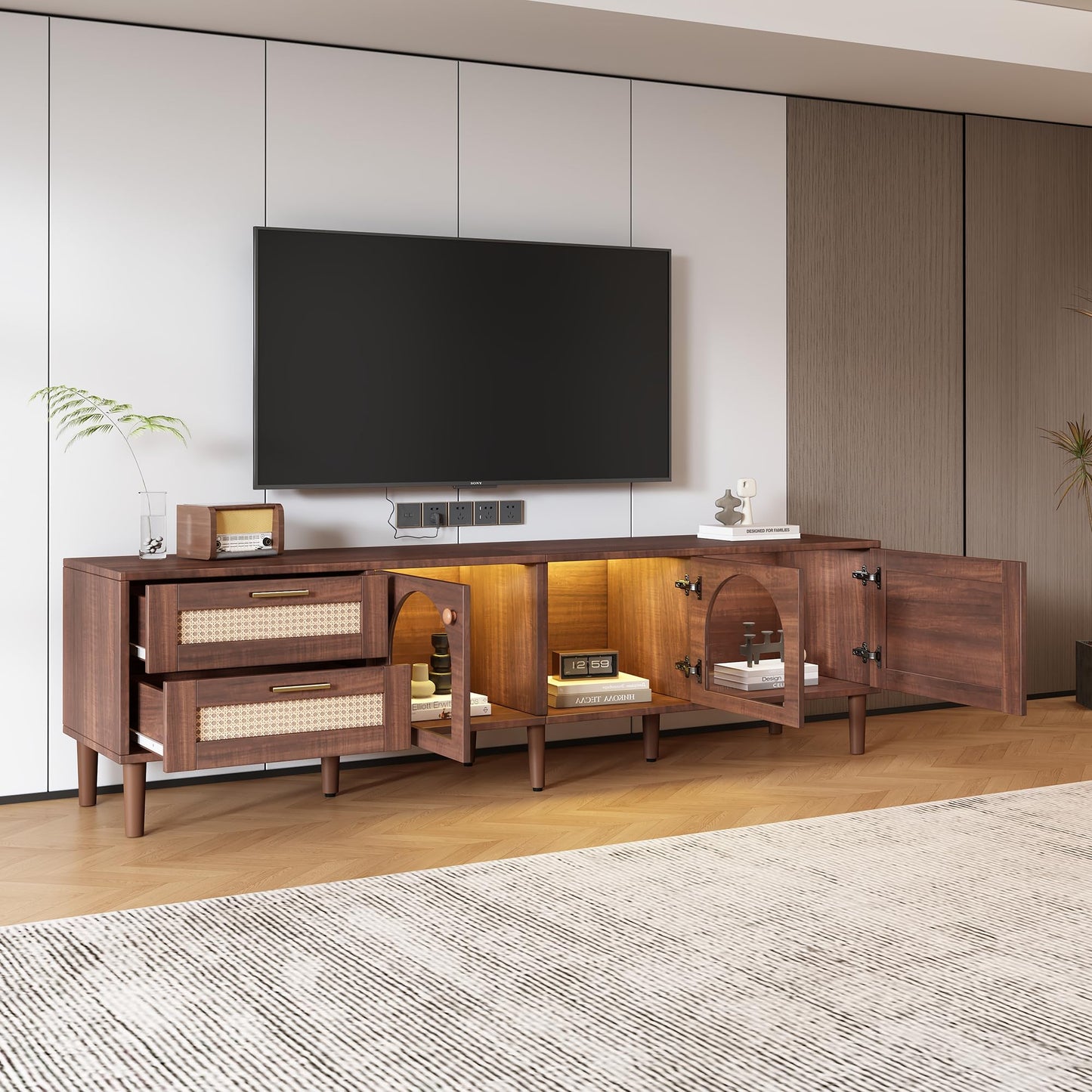 Merax LED TV Stand for TVs up to 80", Boho Entertainment Center with Rattan Decor, Multi-Functional Media Console & 3 Storage Cabinets and 2 Drawers for Living Room, Bedroom, Home Theatre, Dark Brown