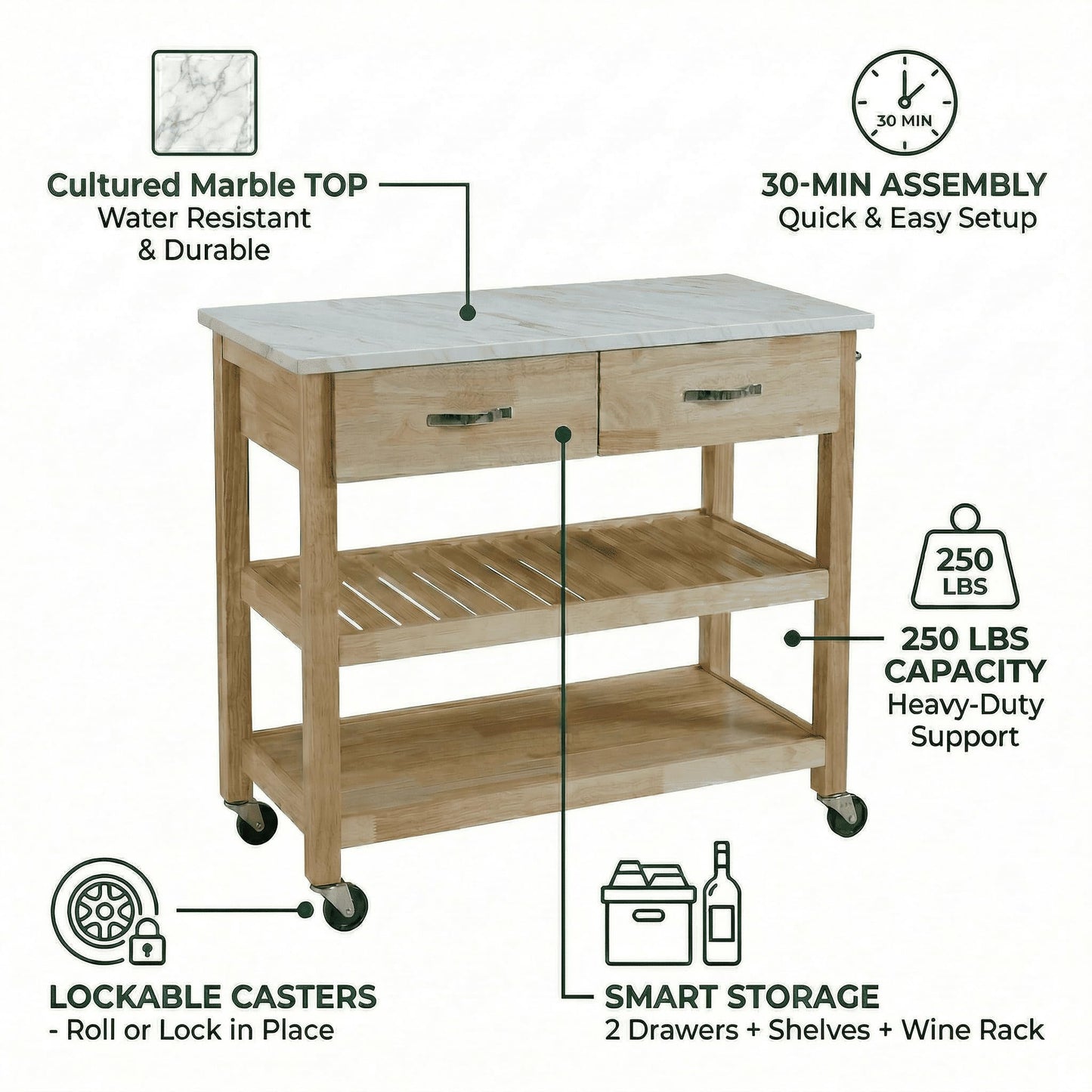 Casaphoria Amanda Collection Solid Wood Kitchen Island, 42" Butcher Block Cart with Cultured Marble Top & Locable Wheels, Prep Table for Small Spaces (Natural)