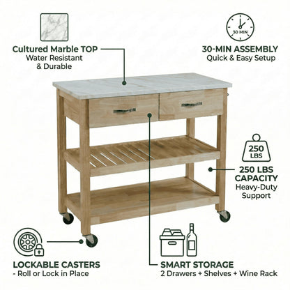 Casaphoria Amanda Collection Solid Wood Kitchen Island, 42" Butcher Block Cart with Cultured Marble Top & Locable Wheels, Prep Table for Small Spaces (Natural)