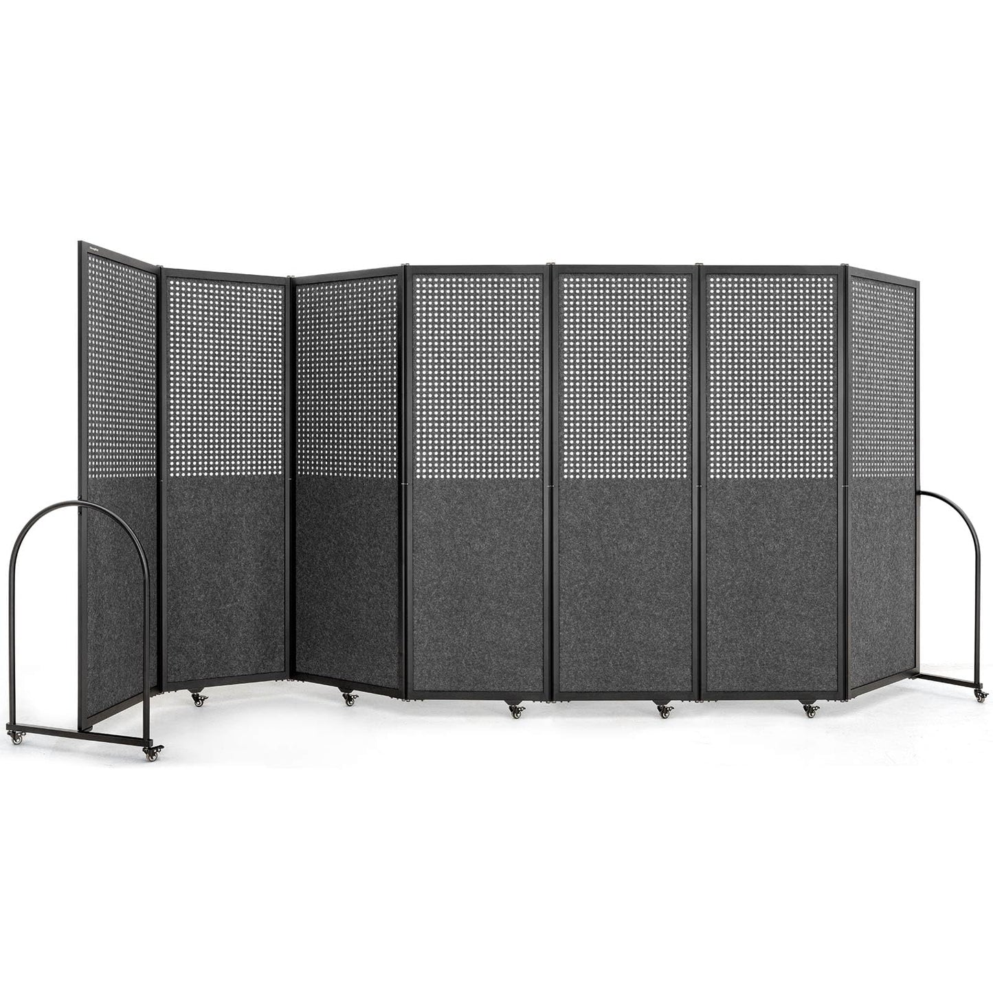 Folding Room Partition,Freestanding Privacy Divider,Portable Office Divider Wall,Commercial Space Partition Screen,Perforated Felt Panel Design,14'3"L* 6'7"H,7 Panel,Dark Grey