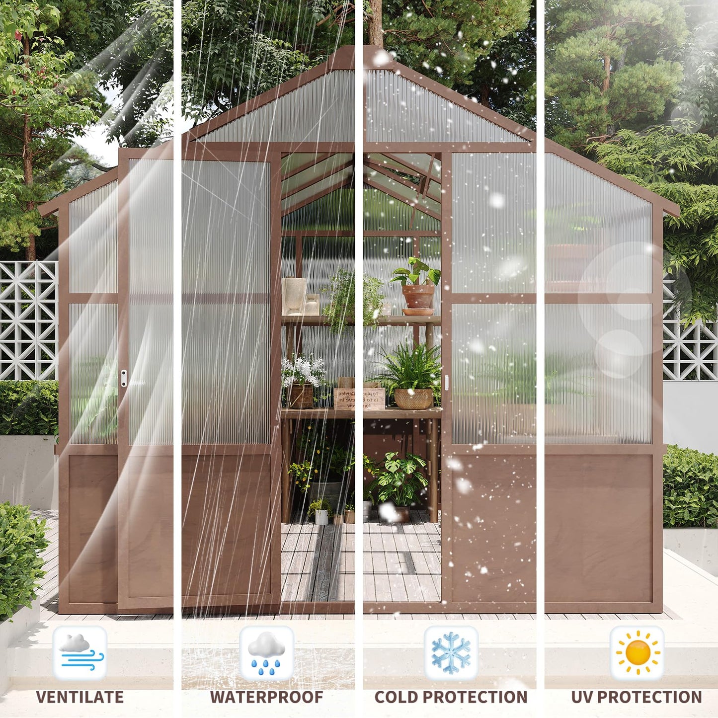 8x10 FT Outdoor Wood Greenhouse, Heavy Duty Solid Pine Wooden Walk-in Green House with 6MM Thick Polycarbonate Panels, Adjustable Roof Vents and Lockable Door, Garden House for Backyard Patio Lawn