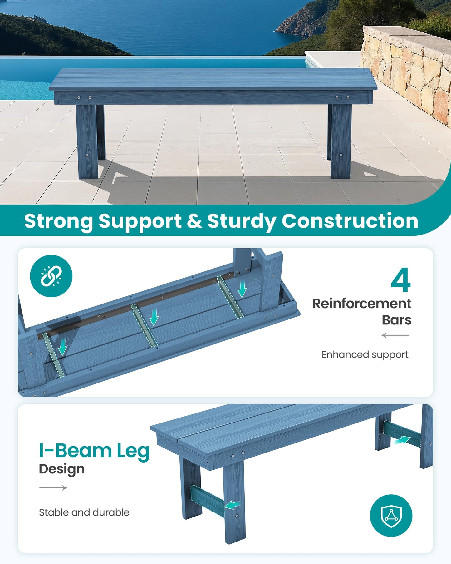 SERWALL 2-Person Outdoor Bench Backless, HDPE Outdoor Benches Weatherproof, 660 Lbs Weight Capacity, Poly Lumber Patio Furniture for Garden, Porch and Park, Navy, 2 Pack