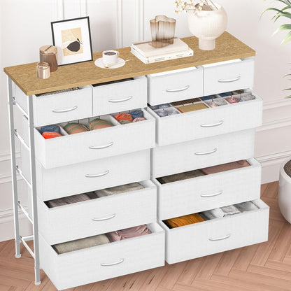 VASICAR Compact 12 Drawers Dresser for Bedroom, Fabric Storage Tower, Chest of Drawers with Retro Wood Top for Closet, Nursery, Living Room