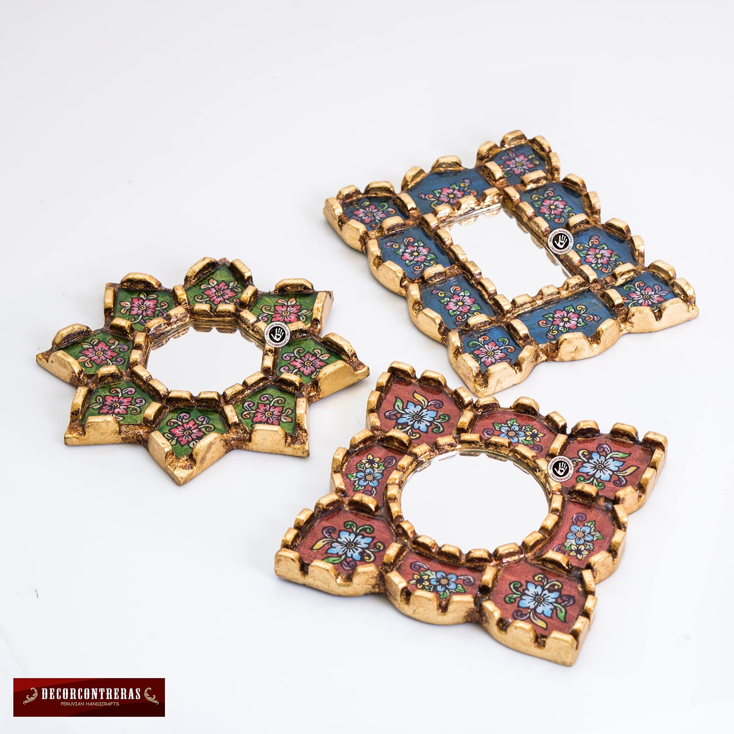 DecorContreras Peruvian Mirror Set of 3 – Handmade Painted Glass Mirror Wall Decor in Green, Red and Blue
