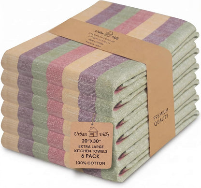 Set 6 20" X30 100% Urban Villa Kitchen Towels Harvest Stripes Dish Towels of Cotton Highly Absorbent Quick Drying Dish