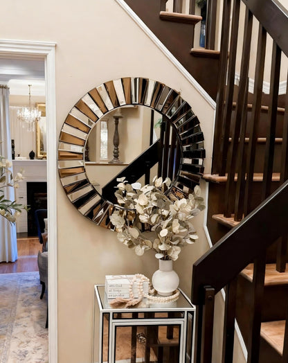 Artloge Round Wall Mirror Decorative Sunburst Silver-Brown Crystal Edge 32 inch