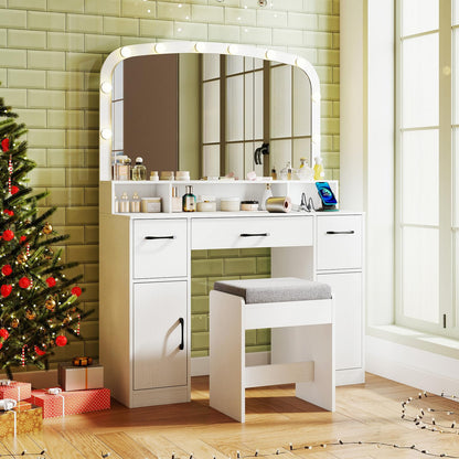 CHARMAID White Vanity Desk with Arched Mirror and Lights, Large Makeup Vanity Table with Charging Station, Storage Drawers & Cabinets, Modern Dressing Table with Stool for Bedroom