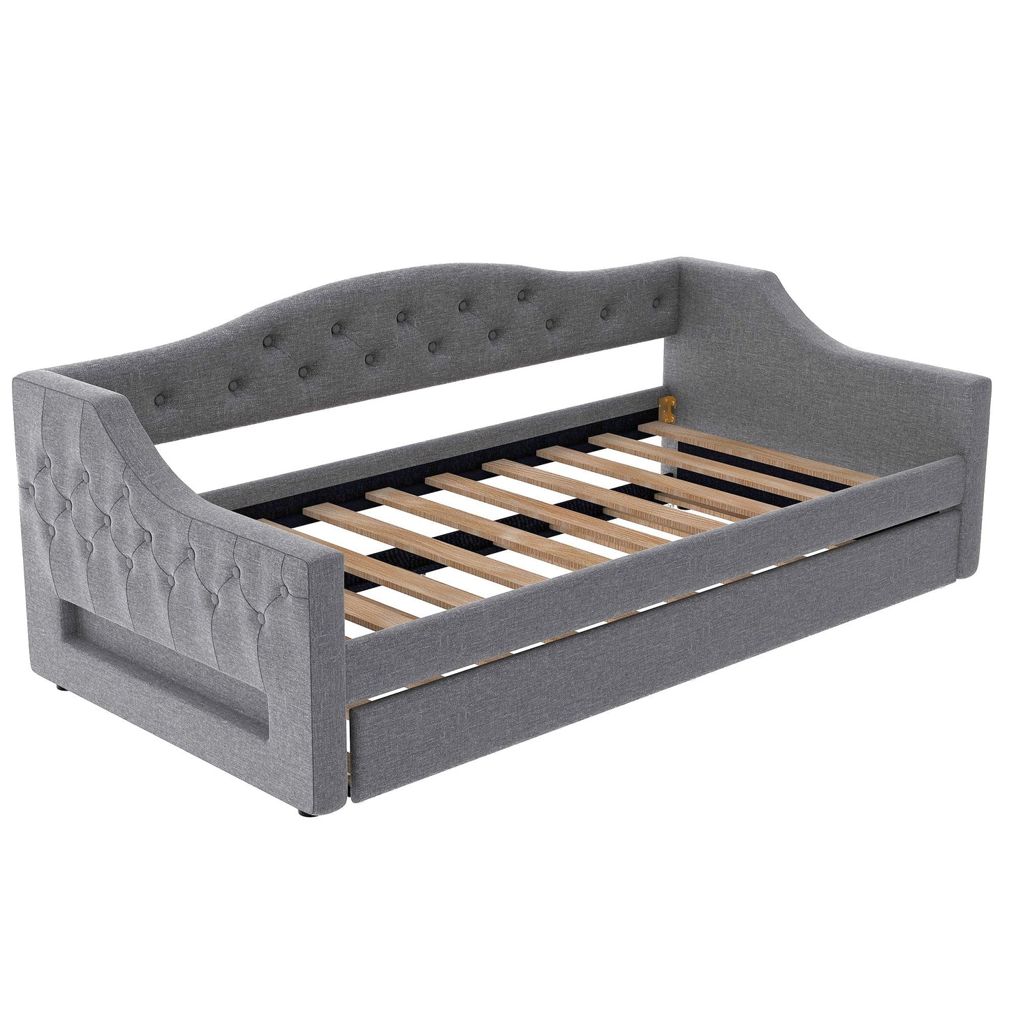 DNYN Twin XL Upholstered Daybed with Trundle(Twin) for Kids,Adults,Solid Wood Bedframe w/Led & Fabric Backrest Design,No Box Spring Needed & Easy Assembly, Gray