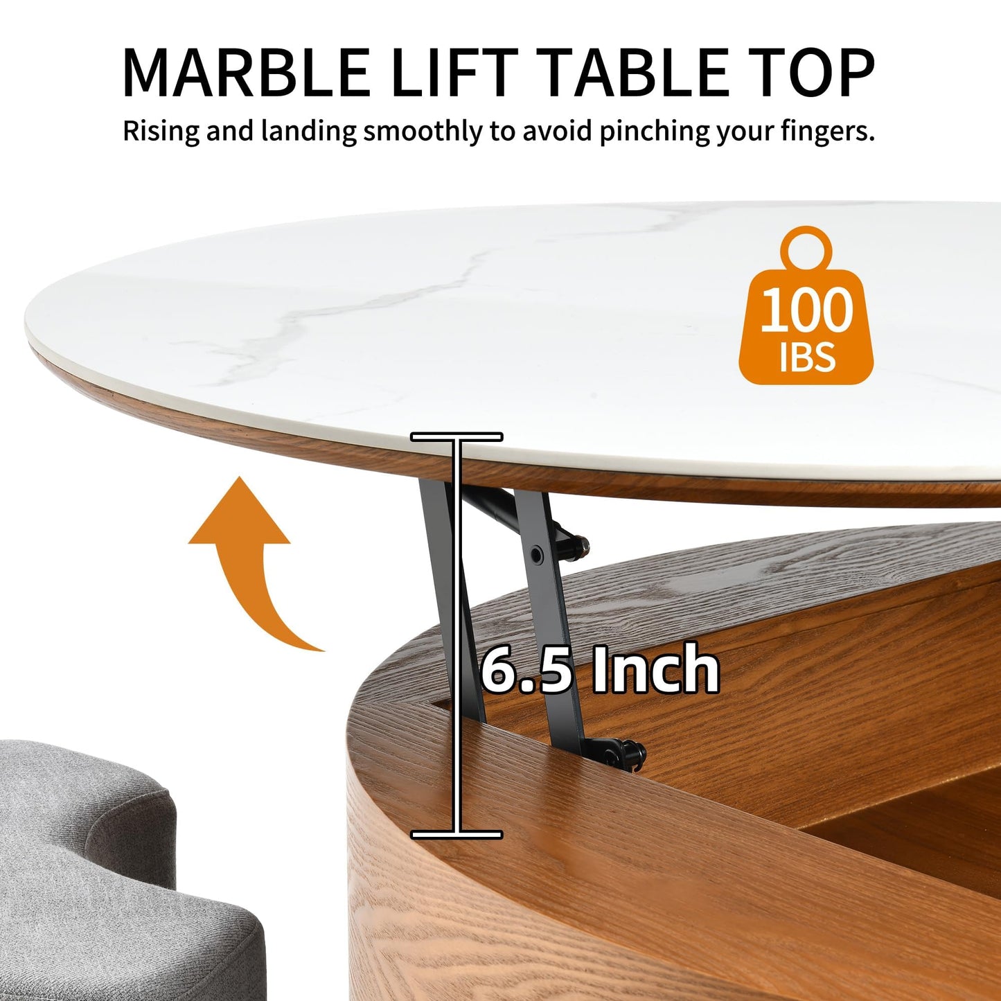 YITAHOME 32" L Round Marbling Pattern Slate Coffee Table with Storage 3 Stools Wood Rustic Boho Lift Top Coffee Table Set for Living Room