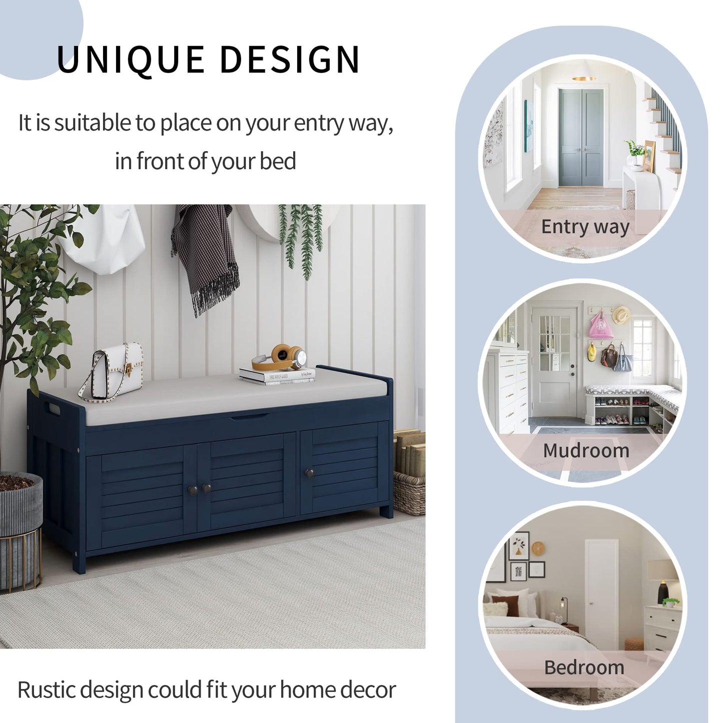 GDFStudio Jasd Storage Bench with 3 Shutter-Shaped Doors, Shoe Bench with Removable Cushion and Hidden Storage Space, Large Organizer Space, Wooden Foot Rest for Living Room Entryway, Antique Navy