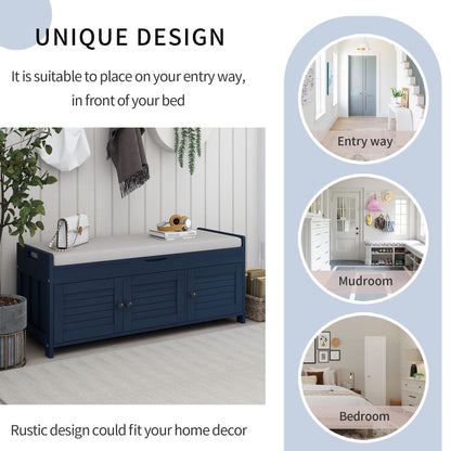 GDFStudio Jasd Storage Bench with 3 Shutter-Shaped Doors, Shoe Bench with Removable Cushion and Hidden Storage Space, Large Organizer Space, Wooden Foot Rest for Living Room Entryway, Antique Navy