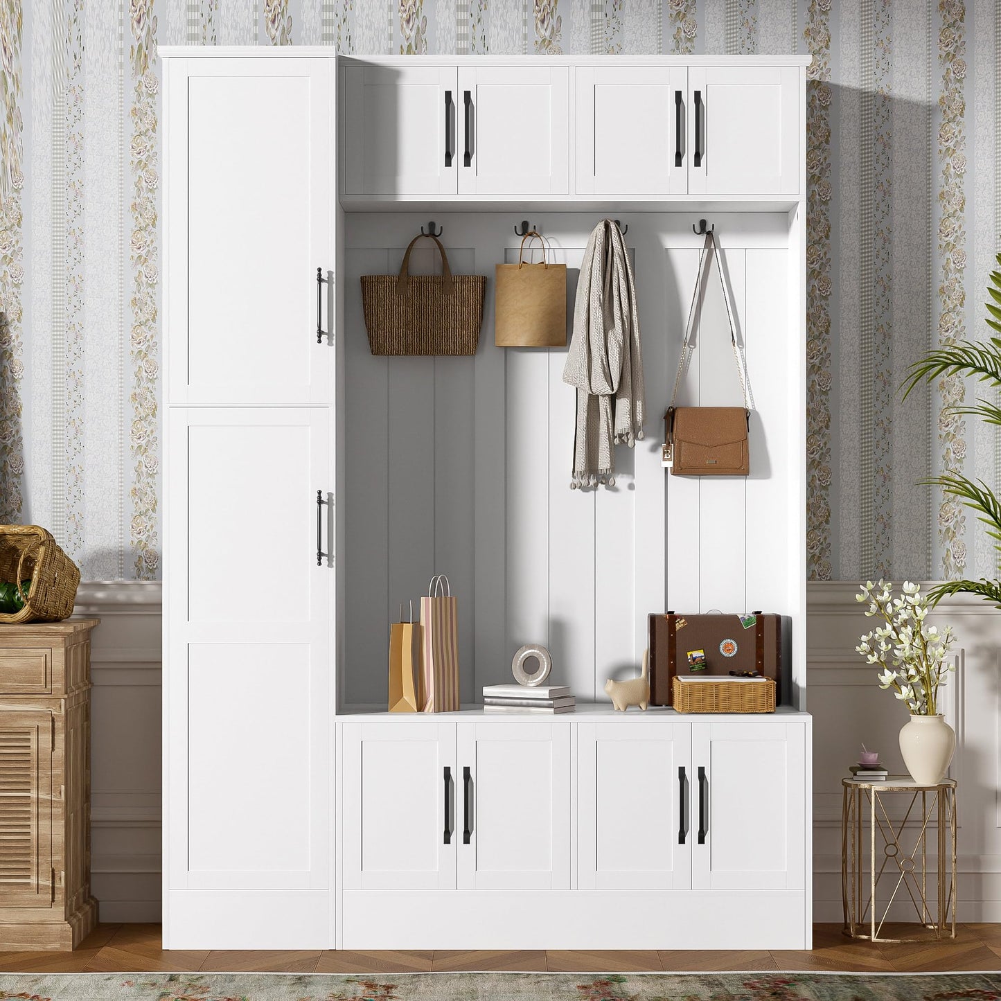 Shaical 79'' Tall Hall Tree with Shoe Storage and Bench, 4-in-1 Mudroom Storage Organizer Coat Rack with 6 Cabinets, 4 Coat Hooks & Adjustable Shelf for Hallway, Entryway, Living Room, White