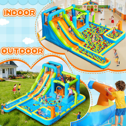 FINCOME Water Bounce House with Double Slide for Kids 3-10, Large Inflatable Water Bouncy Castle with Long Water Slide Jumping Climbing Pool Air Blower, Bouncy House for Party Birthday Holiday Summer