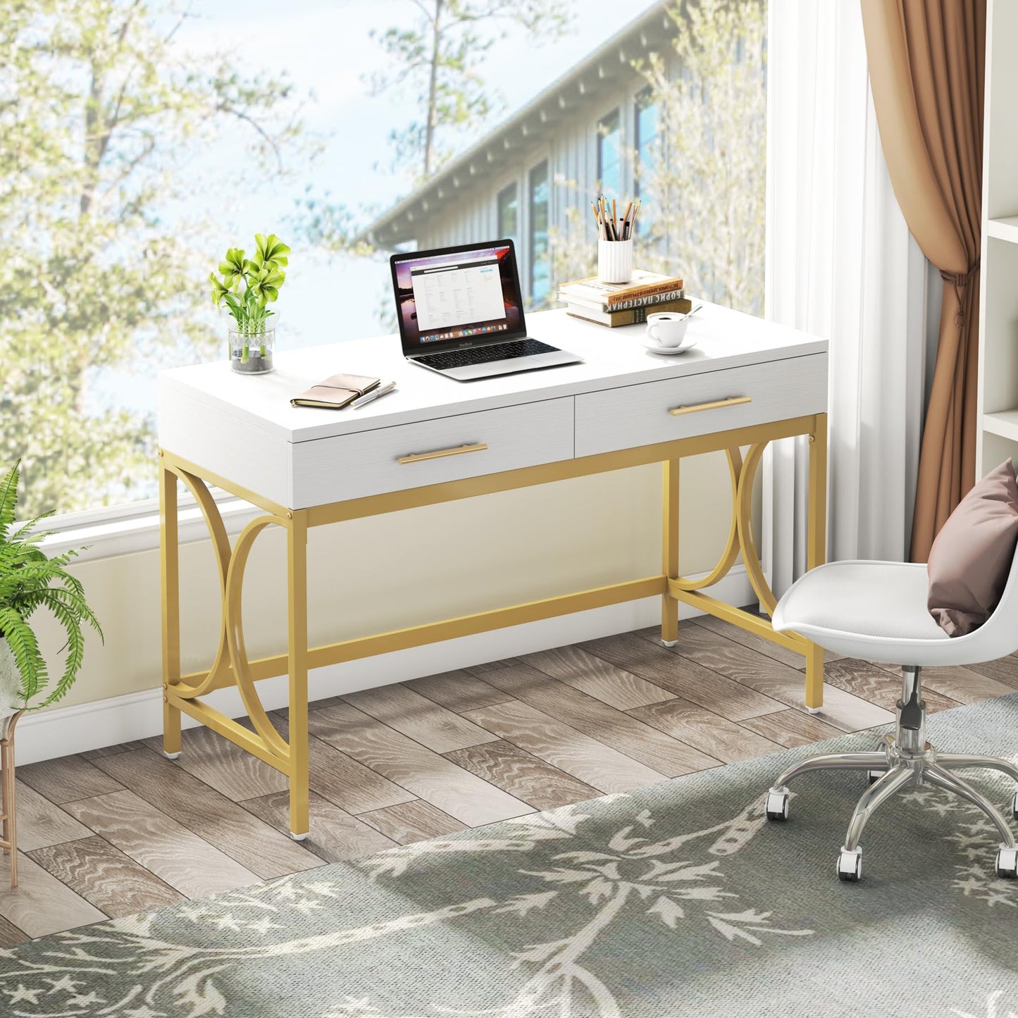 LITTLE TREE 41" Computer Desk with Two Drawers, Modern Study Writing Desk with Storage, White Makeup Vanity Table Office Desk with Gold Metal Frame for Home Office