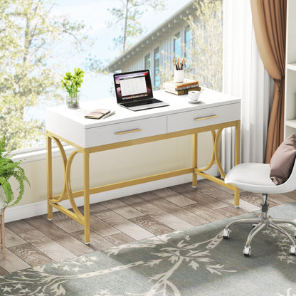 LITTLE TREE 41" Computer Desk with Two Drawers, Modern Study Writing Desk with Storage, White Makeup Vanity Table Office Desk with Gold Metal Frame for Home Office