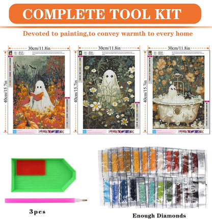 igoodom 3 Pack Halloween Diamond Art Kits for Adults, Halloween Ghosts Diamond Painting Kit, Full Drill Round Diamond Art Kits, DIY Gem Art and Crafts for Home Wall Decor Gift 12x16inch