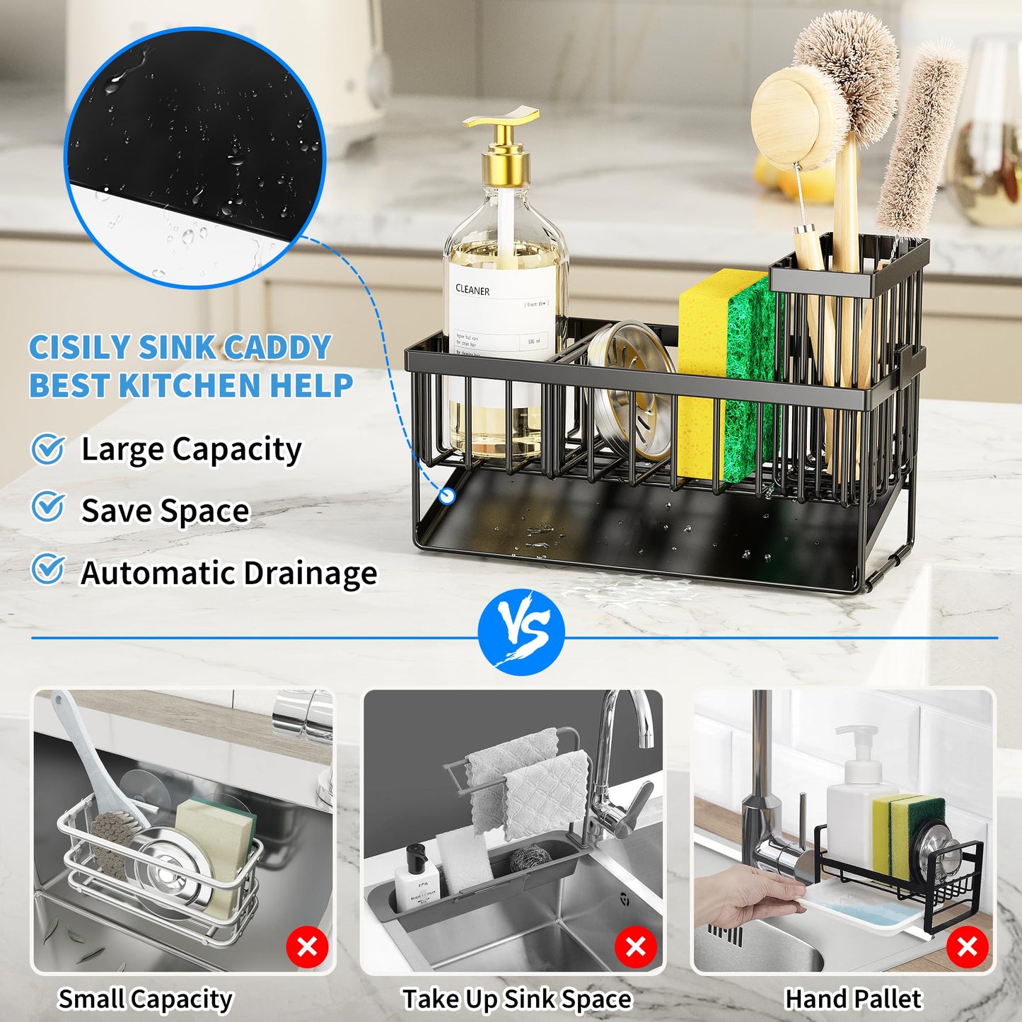 Cisily Sink Caddy Sponge Holder for Kitchen with Brush Holder and Stainless Steel Self Drain Tray, Rustproof Kitchen Sink Organizer for Sponge, Soap Dispenser Storage Accessories