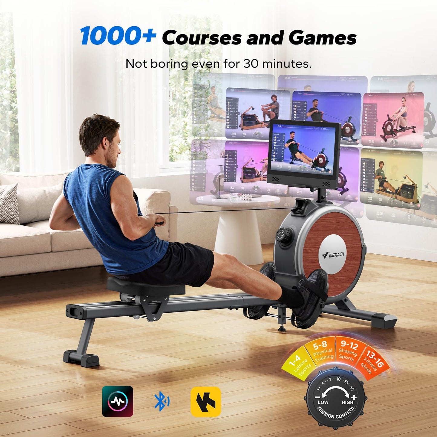 MERACH Rowing Machine with 15.6" HD Rotating Screen, Magnetic Rowing Machines for Home, 16 Levels Rower Machine of Quiet Resistance, Dual Slide Rail with Max 350lbs Weight Capacity, App Compatible