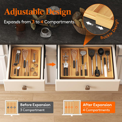 Lifewit Utensil Organizer for Kitchen Drawer, Expandable 13 to 22.4 Inches Wide, Adjustable Cooking Silverware Tray, Bamboo Cutlery Flatware Holder, Spatula Tools and Gadgets Storage Divider, Natural
