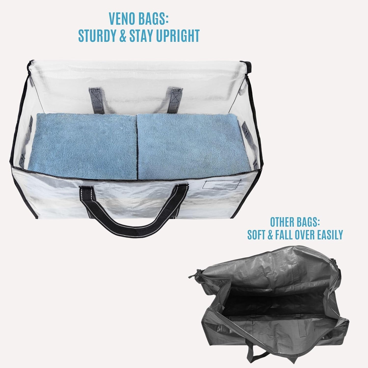 VENO 2 Pack Moving Bags, Heavy Duty Totes with Lids, Extra Large Packing Storage Boxes, Sturdy Handles, Zipper (Clear