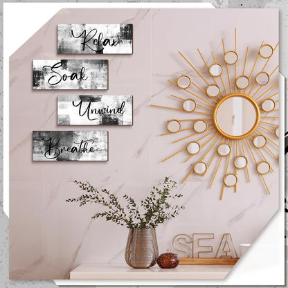 Maitys Bathroom Wall Art - Rustic 4-Piece Set for Soak, Unwind, Relax | 10 x 4 Inch Black & White Decor