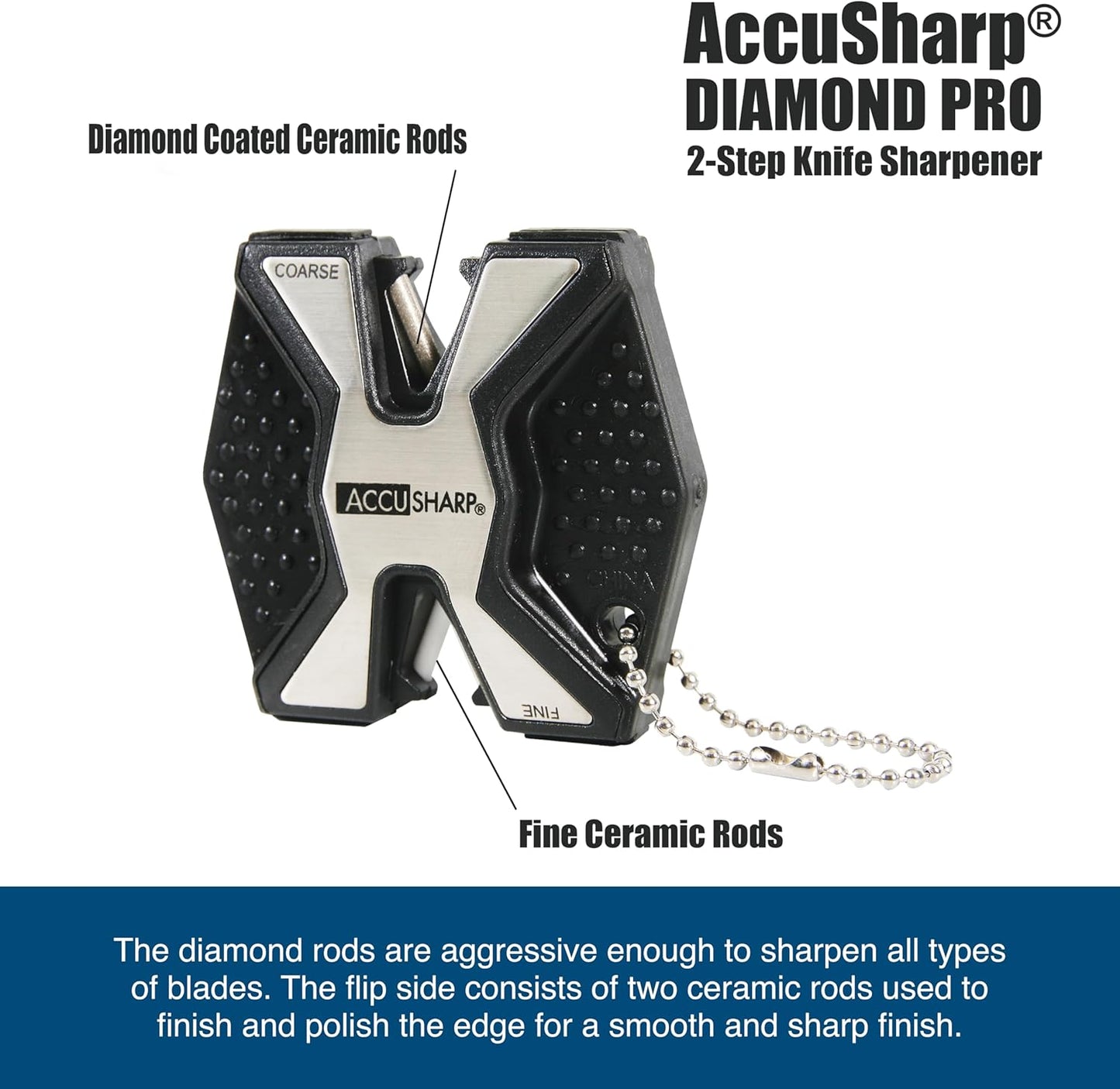 AccuSharp Diamond Pro 2-Step Knife Sharpener, Restores & Sharpens Blades, Compact & Portable Keychain Tool, Black
