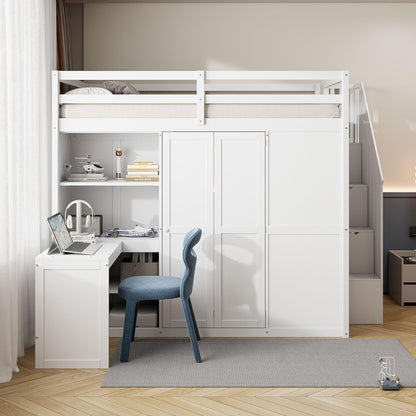 Merax Full Size Loft Bed, Wood Bedframe with Wardrobe, Storage Stairs, Desk and Shelves for Kids Teens Adults Bedroom, White