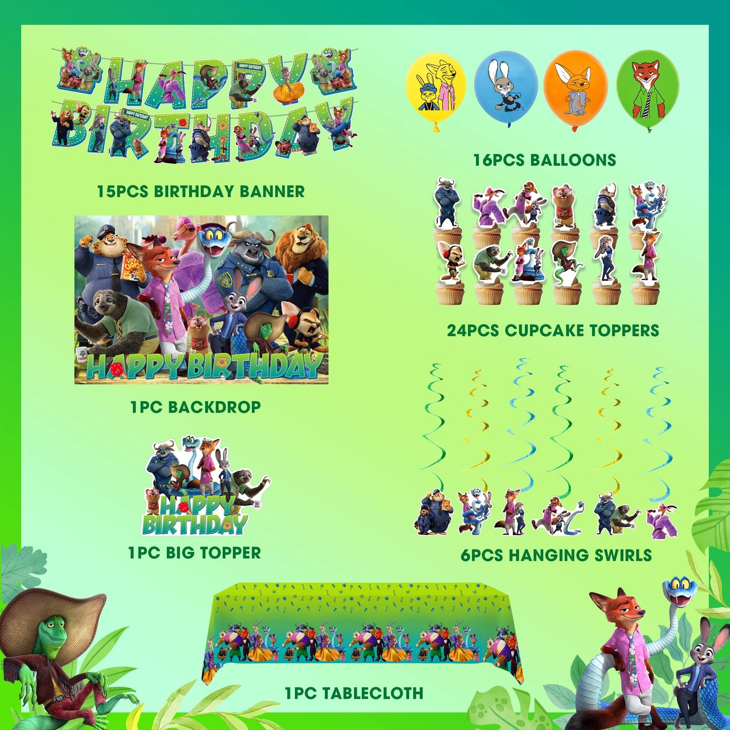 Birthday Party Decorations Set - 1 Backdrop (39" x 59"), 1 Big Topper, 1 Tablecloth, 15 Birthday Banner, 24 Cupcake Toppers, 16 Balloons, 6 Hanging Swirls - JungleThemed Game Celebration