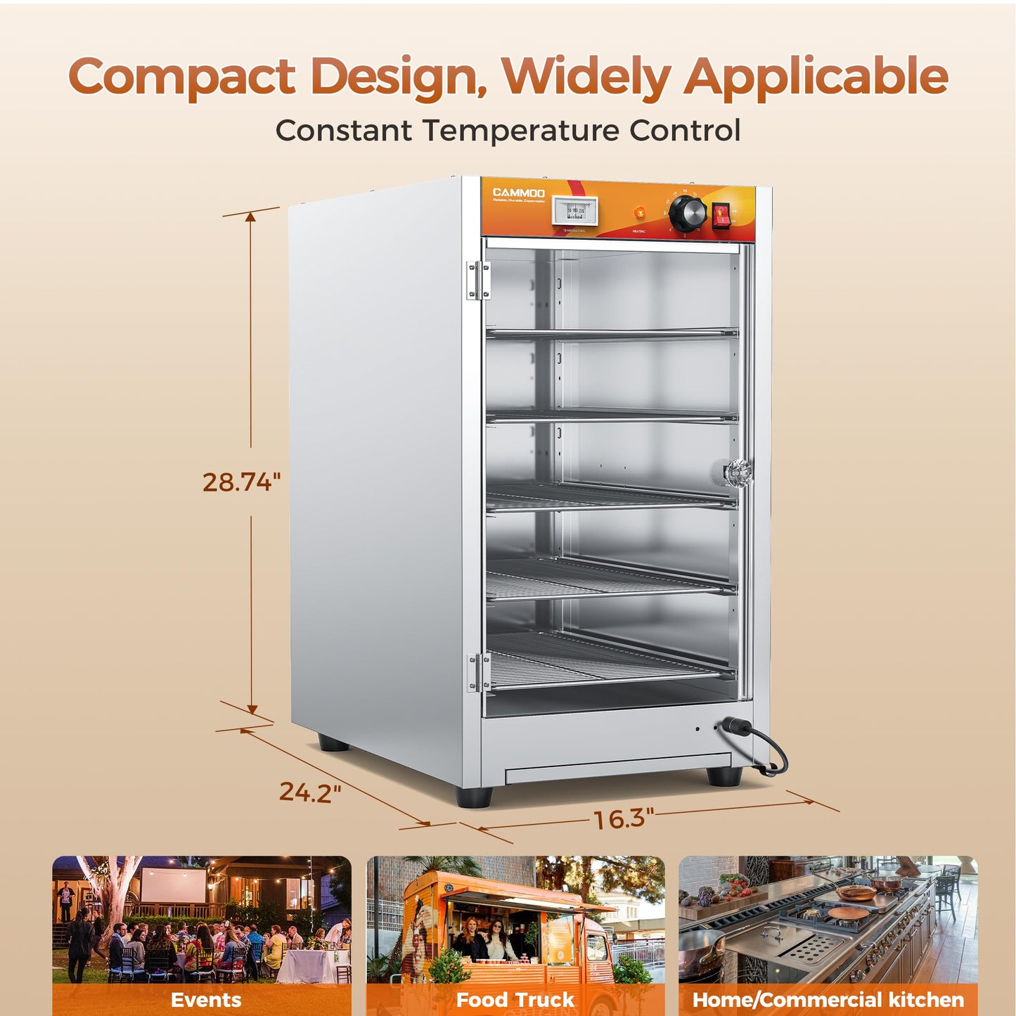 CAMMOO 133Qt 5-Tier 900W Commercial Food Warmer w/ 304 Blued Stainless Steel Heating Element, Single-Tempered Glass Door, Adjustable Shelf, Electric Catering Hot Box Countertop Heated Holding Cabinet