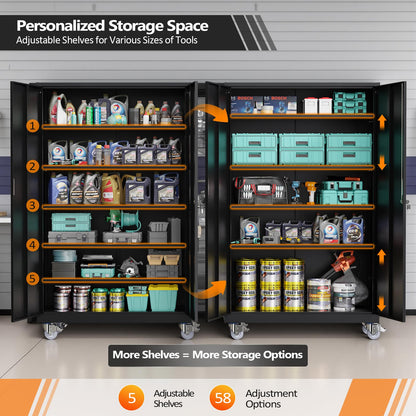 VINGLI Large Metal Storage Cabinet with 2 Doors and 5 Adjustable Shelves, Upgraded Height & Wide & Deep, 43''W x 20''D x 72''H, Oversized Garage Storage Cabinet with Wheels and Locks (Black)